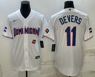 Men’s Dominican Republic Baseball #11 Rafael Devers 2023 White World Baseball Classic Stitched Jersey