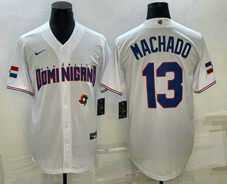 Men’s Dominican Republic Baseball #13 Manny Machado 2023 White World Baseball Classic Stitched Jersey