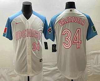 Men’s Mexico #34 Fernando Valenzuela Number 2023 White Blue World Classic Stitched Jersey
