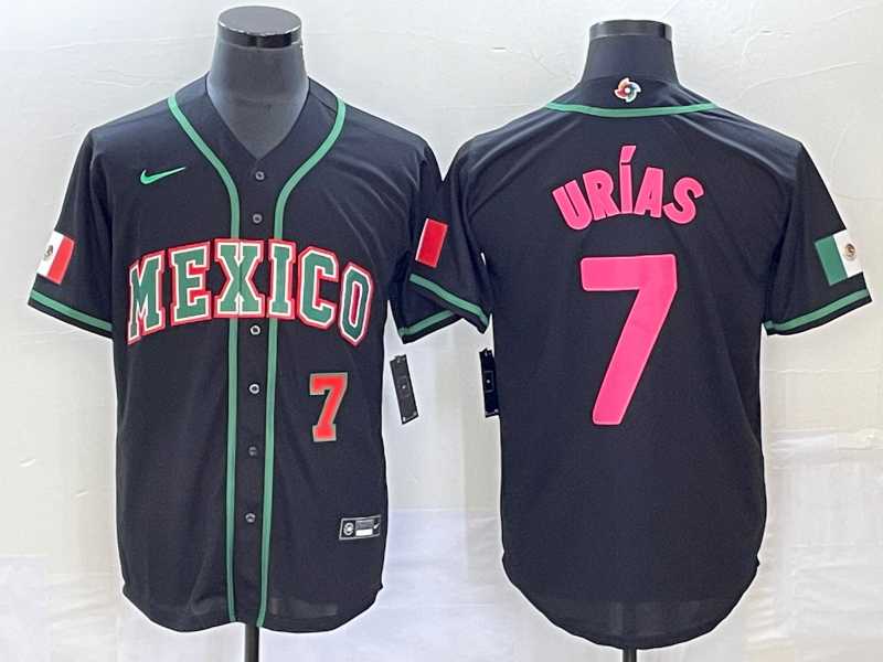 Men’s Mexico #7 Julio Urias Number 2023 Black Pink World Classic Stitched Jersey