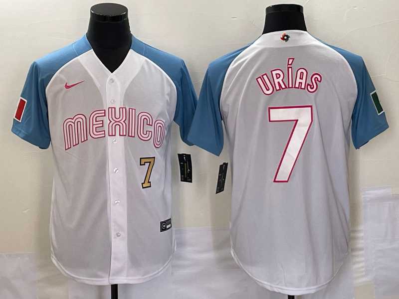 Men’s Mexico #7 Julio Urias Number 2023 White Blue World Classic Stitched Jersey