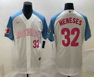 Men’s Mexico Baseball #32 Joey Meneses Number 2023 White Blue World Classic Stitched Jersey