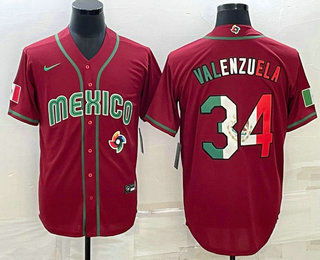 Men’s Mexico Baseball #34 Fernando Valenzuela 2023 Red Blue World Baseball Classic Stitched Jersey1