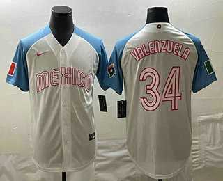Men’s Mexico Baseball #34 Fernando Valenzuela 2023 White Blue World Classic Stitched Jersey