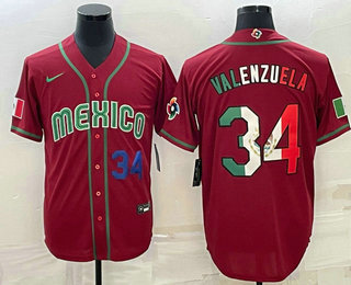 Men’s Mexico Baseball #34 Fernando Valenzuela Number 2023 Red Blue World Baseball Classic Stitched Jersey