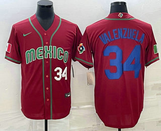 Men’s Mexico Baseball #34 Fernando Valenzuela Number 2023 Red Blue World Baseball Classic Stitched Jersey1