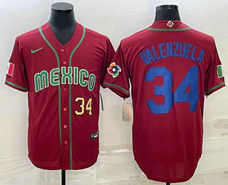 Men’s Mexico Baseball #34 Fernando Valenzuela Number 2023 Red Blue World Baseball Classic Stitched Jersey2