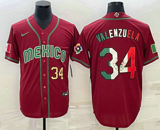 Men’s Mexico Baseball #34 Fernando Valenzuela Number 2023 Red Blue World Baseball Classic Stitched Jersey3
