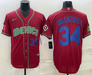 Men’s Mexico Baseball #34 Fernando Valenzuela Number 2023 Red Blue World Baseball Classic Stitched Jerseys