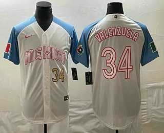 Men’s Mexico Baseball #34 Fernando Valenzuela Number 2023 White Blue World Classic Stitched Jersey (2)