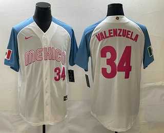 Men’s Mexico Baseball #34 Fernando Valenzuela Number 2023 White Blue World Classic Stitched Jersey