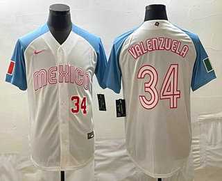 Men’s Mexico Baseball #34 Fernando Valenzuela Number 2023 White Blue World Classic Stitched Jersey2