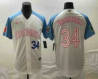 Men’s Mexico Baseball #34 Fernando Valenzuela Number 2023 White Blue World Classic Stitched Jerseys
