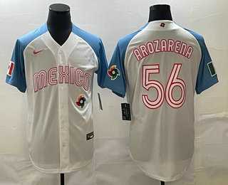 Men’s Mexico Baseball #56 Randy Arozarena 2023 White Blue World Classic Stitched Jersey