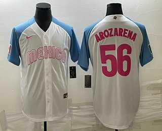 Men’s Mexico Baseball #56 Randy Arozarena 2023 White Blue World Classic Stitched Jersey2