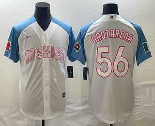 Men’s Mexico Baseball #56 Randy Arozarena 2023 White Blue World Classic Stitched Jerseys (2)