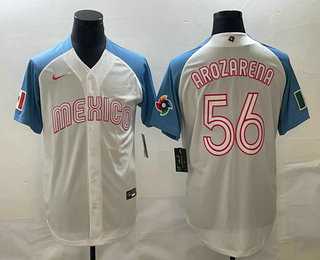 Men’s Mexico Baseball #56 Randy Arozarena 2023 White Blue World Classic Stitched Jerseys