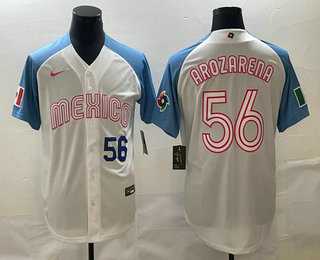 Men’s Mexico Baseball #56 Randy Arozarena Number 2023 White Blue World Classic Stitched Jersey