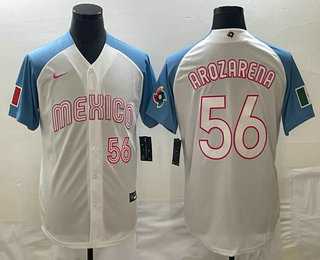 Men’s Mexico Baseball #56 Randy Arozarena Number 2023 White Blue World Classic Stitched Jersey2