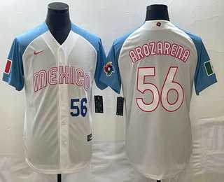 Men’s Mexico Baseball #56 Randy Arozarena Number 2023 White Blue World Classic Stitched Jerseys (2)