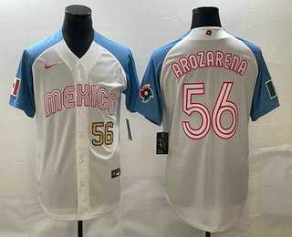 Men’s Mexico Baseball #56 Randy Arozarena Number 2023 White Blue World Classic Stitched Jerseys