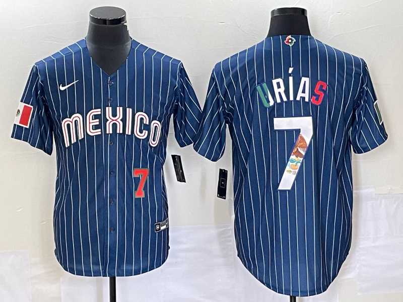Men’s Mexico Baseball #7 Julio Urias 2023 Navy Blue Pinstripe World Baseball Classic Stitched Jersey