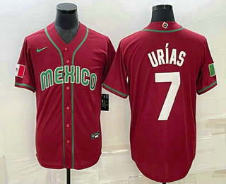 Men’s Mexico Baseball #7 Julio Urias 2023 Red Blue World Baseball Classic Stitched Jersey1
