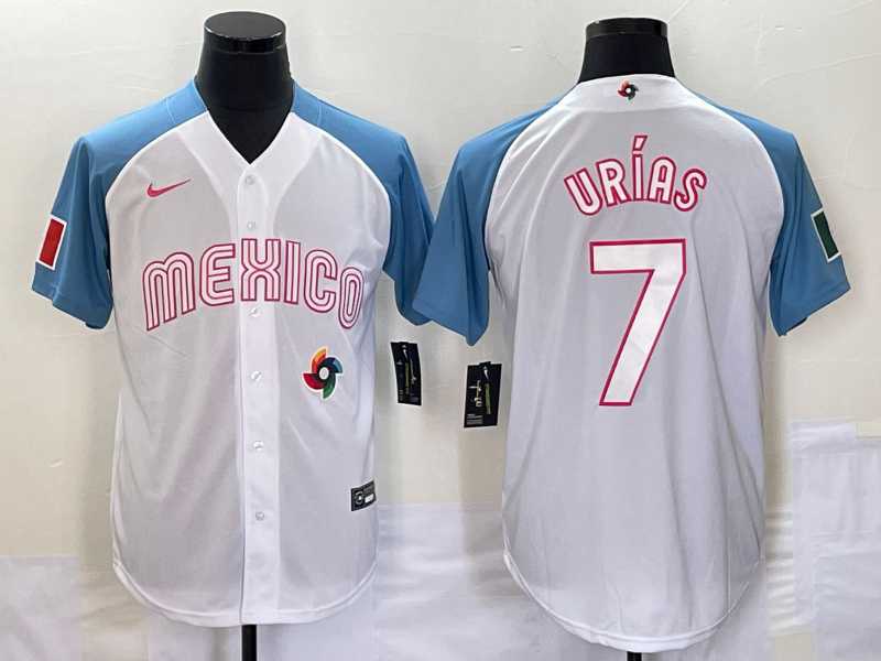 Men’s Mexico Baseball #7 Julio Urias 2023 White Blue World Classic Stitched Jersey (2)