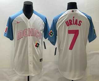 Men’s Mexico Baseball #7 Julio Urias 2023 White Blue World Classic Stitched Jersey