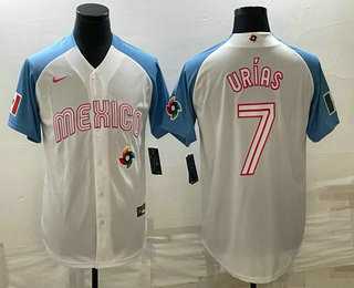 Men’s Mexico Baseball #7 Julio Urias 2023 White Blue World Classic Stitched Jersey6