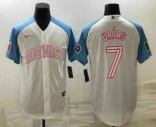 Men’s Mexico Baseball #7 Julio Urias 2023 White Blue World Classic Stitched Jersey7
