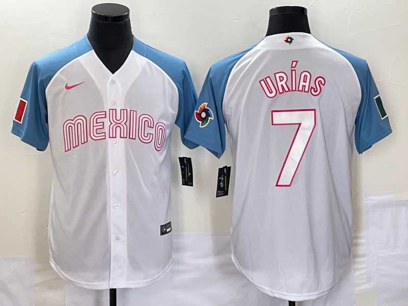 Men’s Mexico Baseball #7 Julio Urias 2023 White Blue World Classic Stitched Jerseys (2)