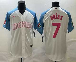 Men’s Mexico Baseball #7 Julio Urias 2023 White Blue World Classic Stitched Jerseys