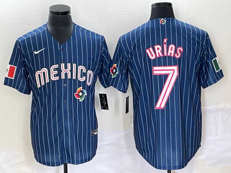Men’s Mexico Baseball #7 Julio Urias Navy Blue Pinstripe 2020 World Series Cool Base Nike Jersey 1