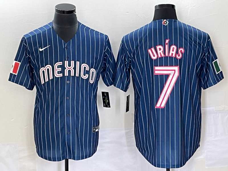 Men’s Mexico Baseball #7 Julio Urias Navy Blue Pinstripe 2020 World Series Cool Base Nike Jersey