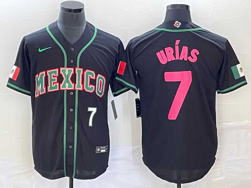 Men’s Mexico Baseball #7 Julio Urias Number 2023 Black Pink World Classic Stitched Jersey2