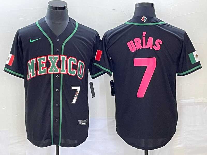 Men’s Mexico Baseball #7 Julio Urias Number 2023 Black Pink World Classic Stitched Jersey4