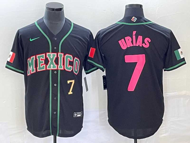 Men’s Mexico Baseball #7 Julio Urias Number 2023 Black Pink World Classic Stitched Jersey5