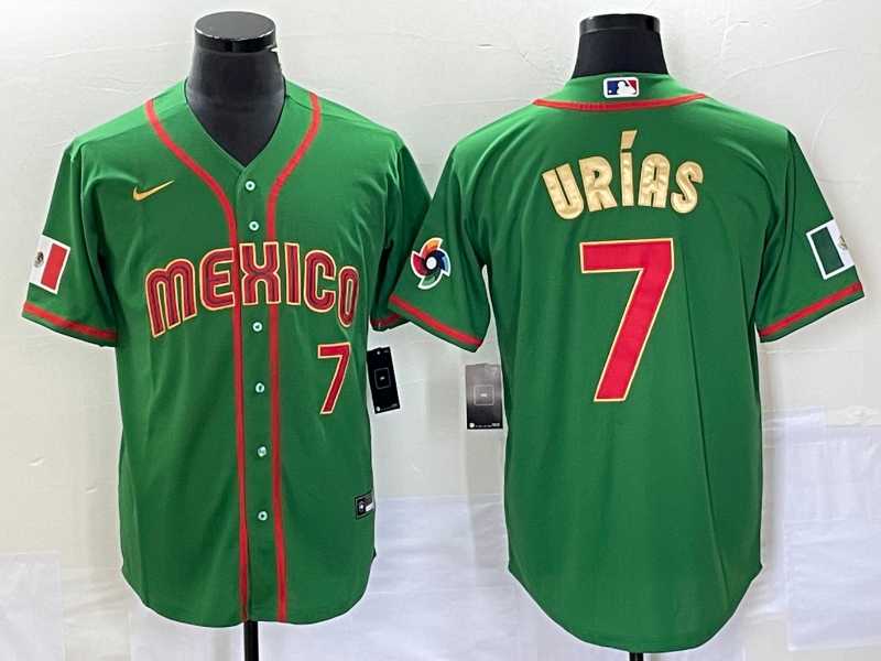 Men’s Mexico Baseball #7 Julio Urias Number 2023 Green Red Gold World Baseball Classic Stitched Jersey 2