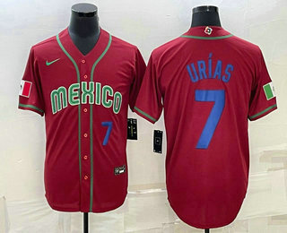 Men’s Mexico Baseball #7 Julio Urias Number 2023 Red Blue World Baseball Classic Stitched Jersey2