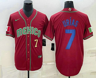 Men’s Mexico Baseball #7 Julio Urias Number 2023 Red Blue World Baseball Classic Stitched Jerseys1
