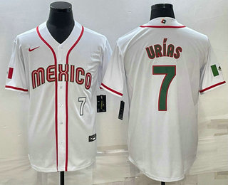 Men’s Mexico Baseball #7 Julio Urias Number 2023 White Blue World Baseball Classic Stitched Jersey