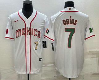 Men’s Mexico Baseball #7 Julio Urias Number 2023 White Blue World Baseball Classic Stitched Jerseys