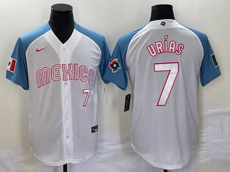 Men’s Mexico Baseball #7 Julio Urias Number 2023 White Blue World Classic Stitched Jersey (2)
