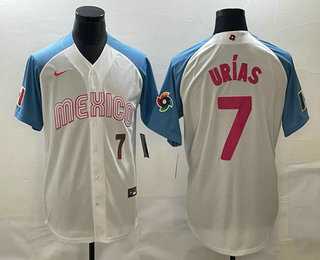 Men’s Mexico Baseball #7 Julio Urias Number 2023 White Blue World Classic Stitched Jersey