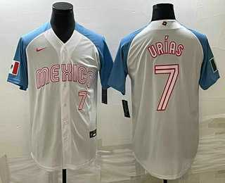 Men’s Mexico Baseball #7 Julio Urias Number 2023 White Blue World Classic Stitched Jersey2