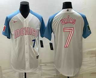 Men’s Mexico Baseball #7 Julio Urias Number 2023 White Blue World Classic Stitched Jersey3