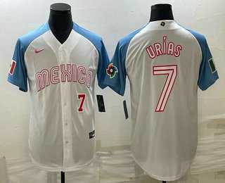 Men’s Mexico Baseball #7 Julio Urias Number 2023 White Blue World Classic Stitched Jersey4