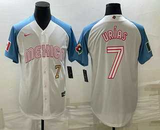 Men’s Mexico Baseball #7 Julio Urias Number 2023 White Blue World Classic Stitched Jersey5
