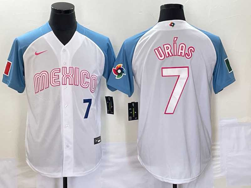 Men’s Mexico Baseball #7 Julio Urias Number 2023 White Blue World Classic Stitched Jerseys (2)